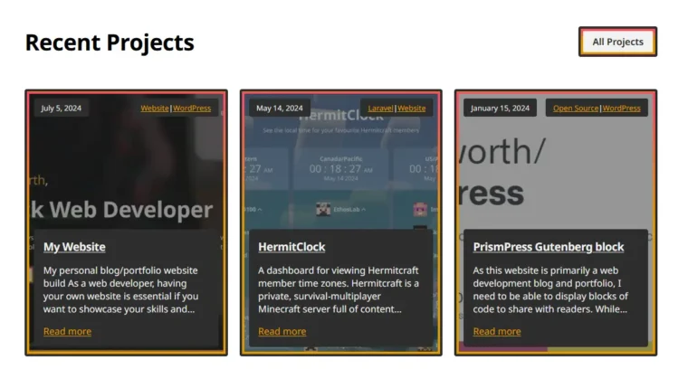 A screenshot of the 'Projects' section on jackwhitworth.com's homepage.