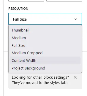 A screenshot of Gutenberg's 'Resolution' field on the Image block.