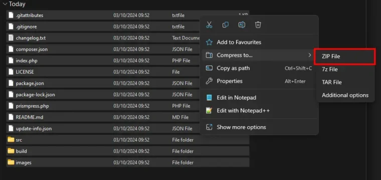 A screenshot of the Windows File Explorer open in a folder containing WordPress plugin files. The files are all highlighted and the option to compress them as a ZIP is highlighted in red.