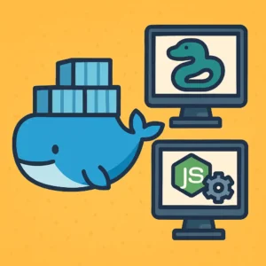 An AI generate image showing the Docker logo alongside a Python and NodeJS logo.
