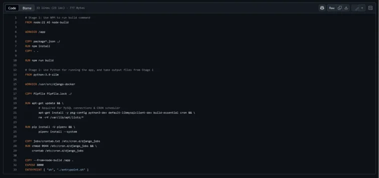 A screenshot of the Dockerfile used for a multi-stage build with NPM and Django.