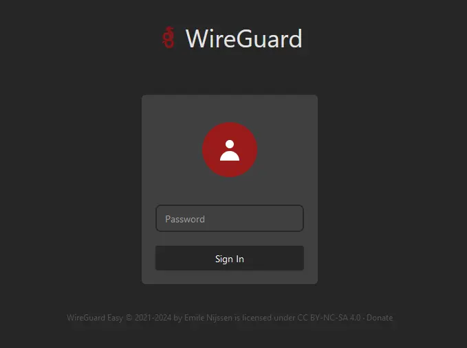 The wg-easy web GUI login screen, showing a password field.