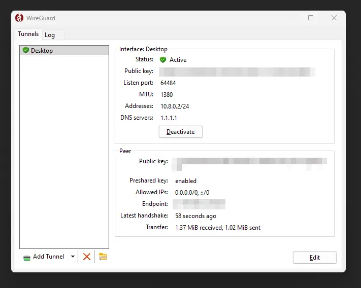 A screenshot of the WireGuard Windows client. It shows one existing connection and the private credentials are pixelated for privacy.