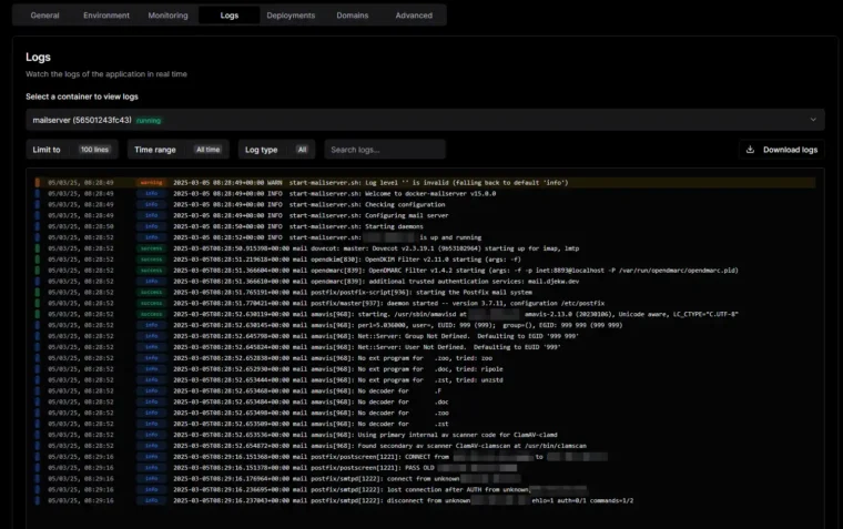 Dokploy logs for docker-mailserver.