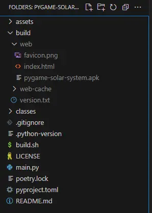 A screenshot of a Pygame project file structure after building with Pygbag.