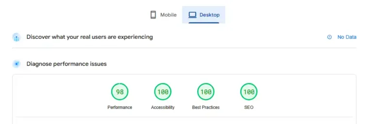 The Google Pagespeed scores for Hermitclock on desktop, scoring 98 in performance and 100 in all other metrics.