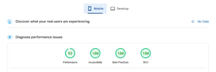 The Google Pagespeed scores for Hermitclock on mobile, scoring 93 in performance and 100 in all other metrics.