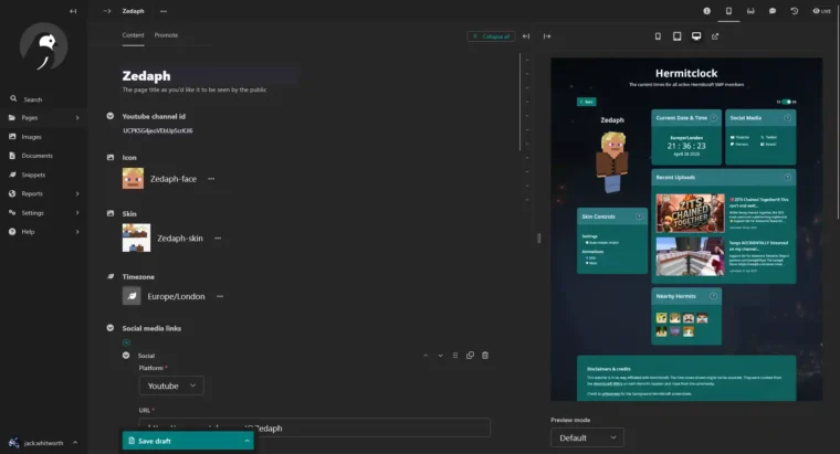 A screenshot of the page editing screen within Wagtail for a Hermit on Hermitclock.