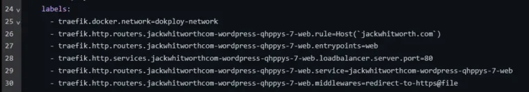 A screenshot of some of the Docker Compose labels generated for a Dokploy project.