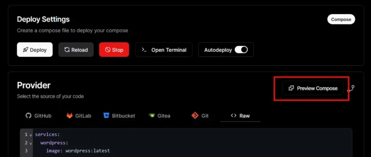 A screenshot of the general project settings screen in Dokploy, with the 'Preview Compose' button circled.