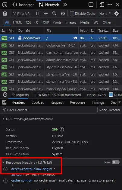 A screenshot of the Firefox dev tools networking tab, with the access-control-allow-origin header response circled.