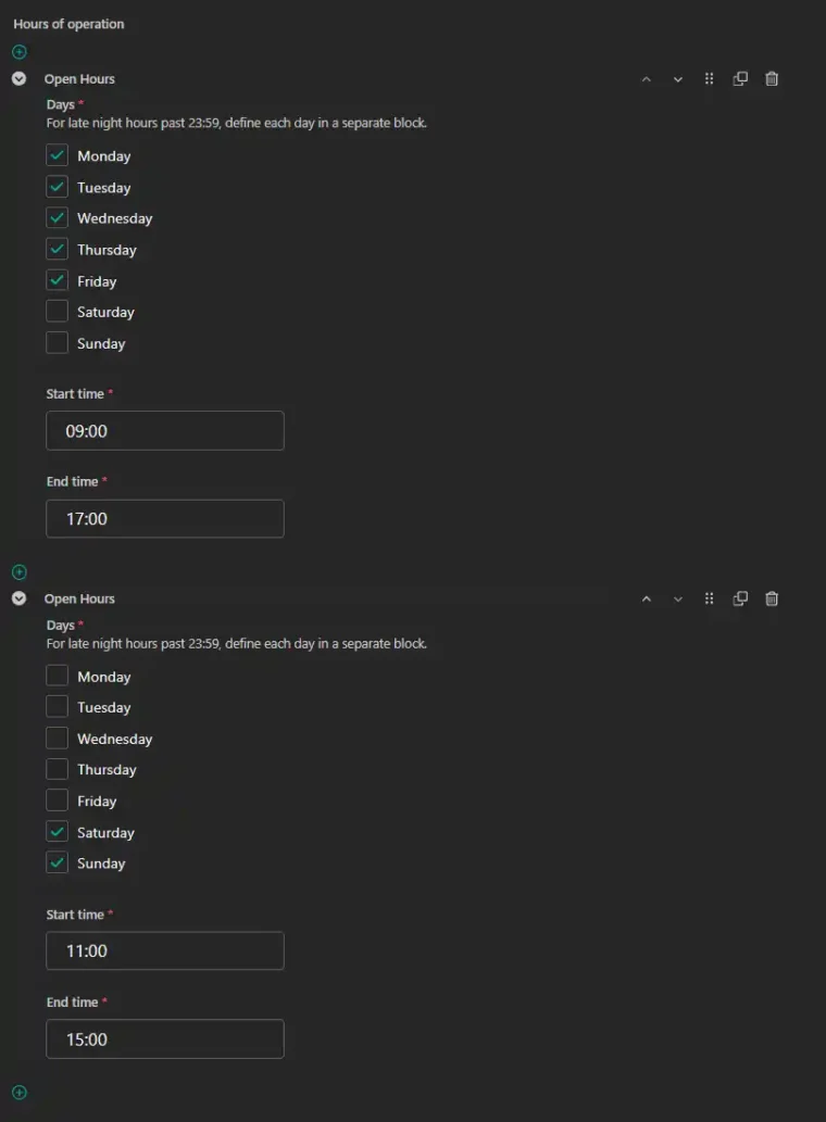 A screenshot of wagtail-seo's 'Hours of operation' settings, showing opening times set for days of the week.