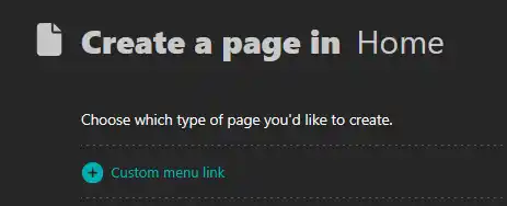 A screenshot of the 'Create a page' screen, showing the 'Custom menu link' option from wagtailmenupage.