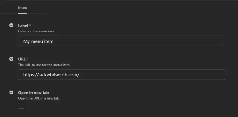 A screenshot of the page editing screen for a 'Custom menu link' within Wagtail.