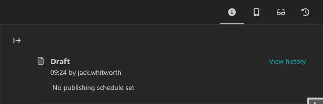 A screenshot of Wagtail's admin page editor. Shows the status panel from editing pages with no scheduling button available.