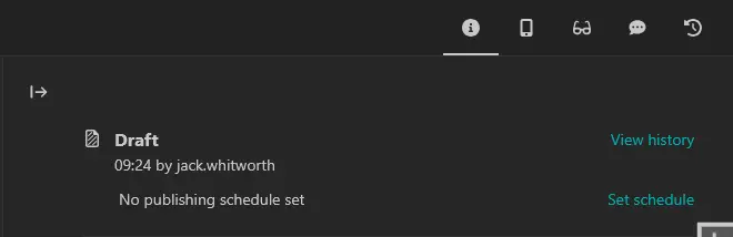 A screenshot of Wagtail's admin page editor. Shows the status panel from editing pages with a scheduling button available.